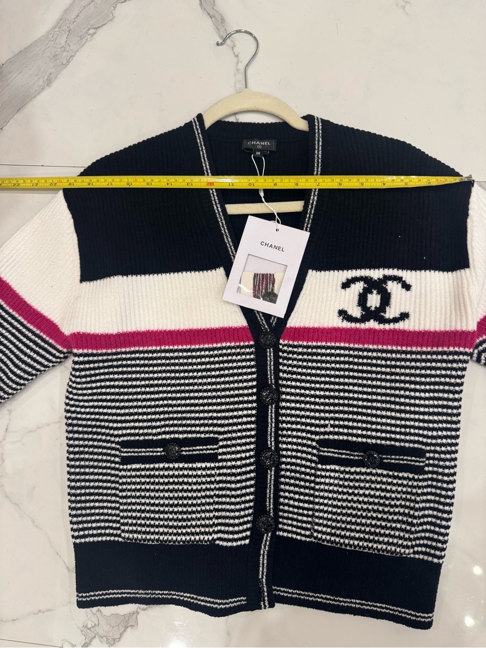 Black, White & Pink Striped Knit Cardigan With CC Logo